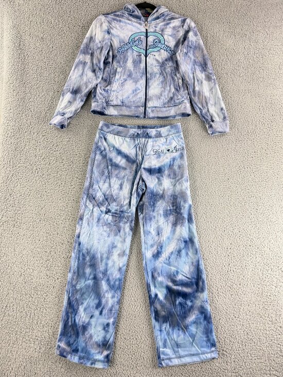 Mudd Other - Mudd Velour Lounge Set Kids 14‎ Blue Tie Dye Vintage Y2K Wide Leg Drawstring